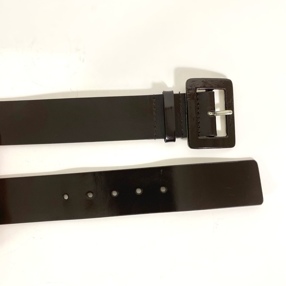 Dark Brown Glossy Leather Belt, Vintage Plain, Wide Chocolate Self Buckle - Picture 6 of 7